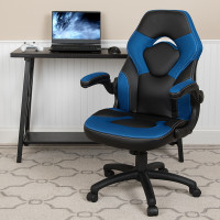 Flash Furniture CH-00095-BL-GG X10 Gaming Chair Racing Office Ergonomic Computer PC Adjustable Swivel Chair with Flip-up Arms, Blue/Black LeatherSoft
